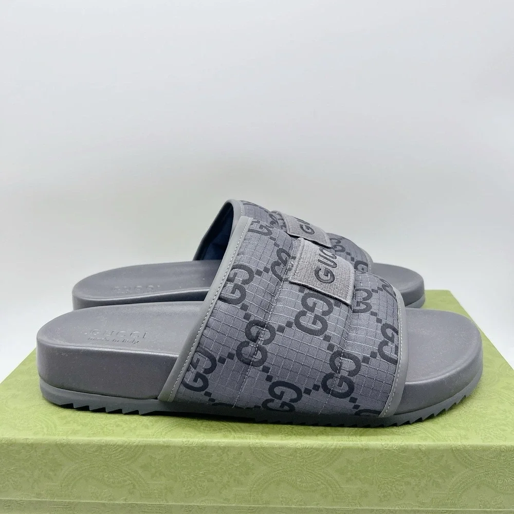 GUCCI Mens GG LOGO Ripstop Monogram Gray Slides Sandals 771466 Men UK 12 US 12.5